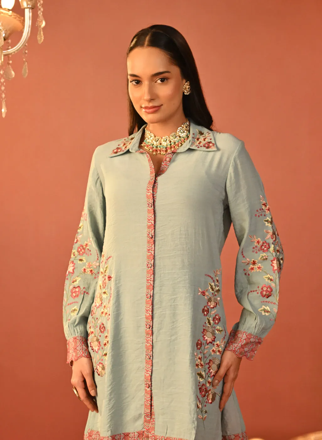 Sabeena Sea Blue Embroidered Cotton Linen Co-ord Set for Women