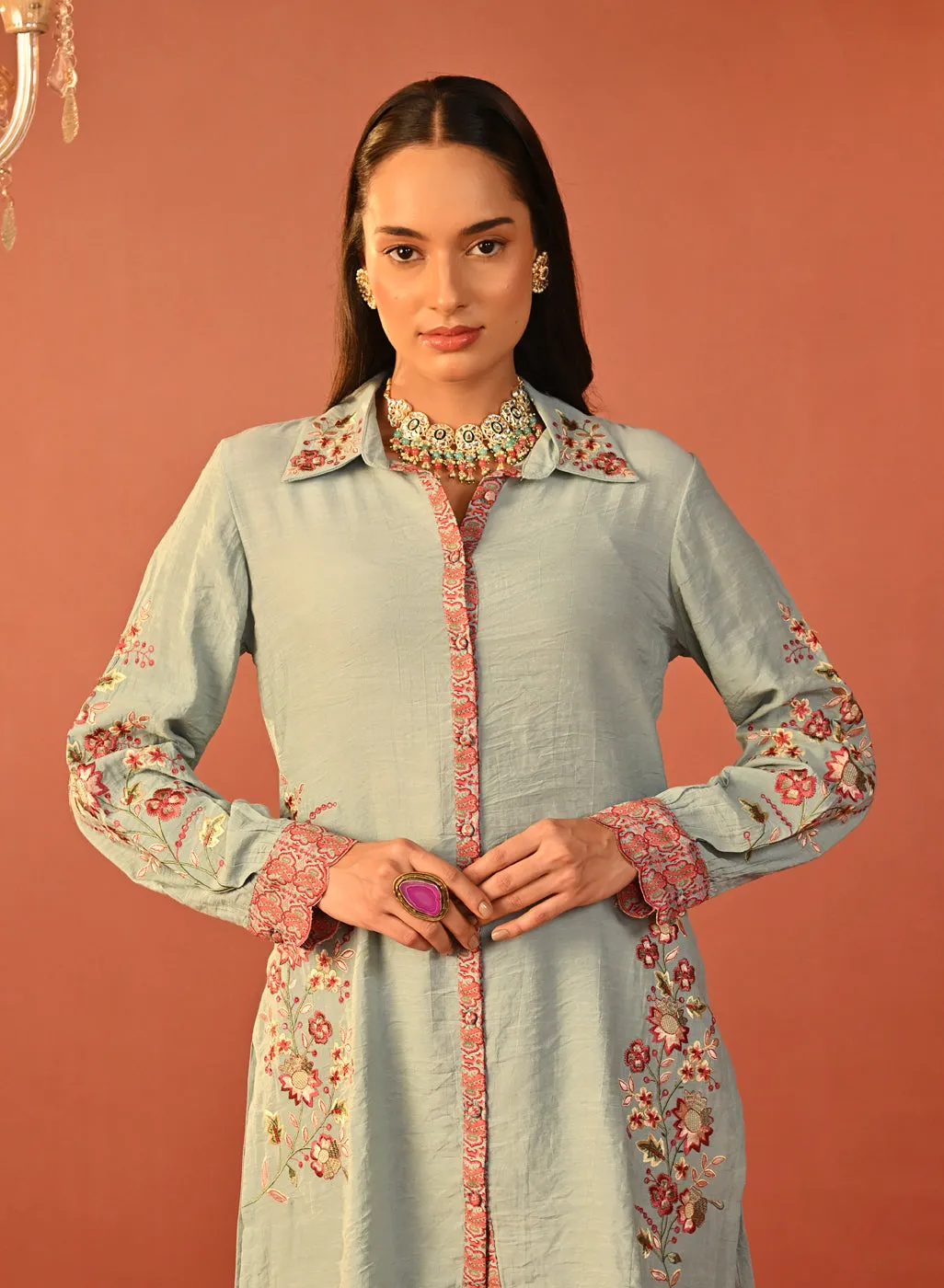 Sabeena Sea Blue Embroidered Cotton Linen Co-ord Set for Women