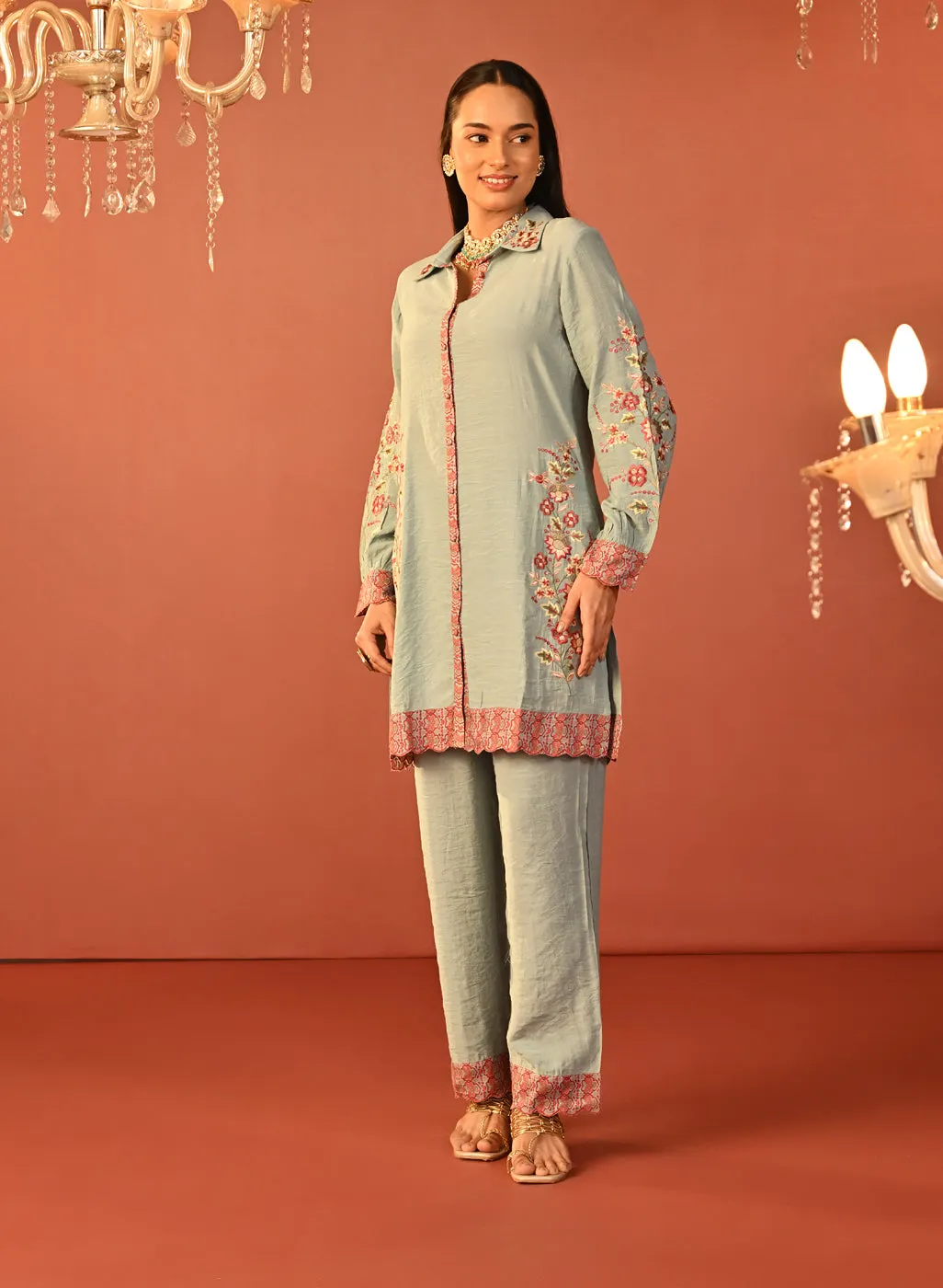 Sabeena Sea Blue Embroidered Cotton Linen Co-ord Set for Women