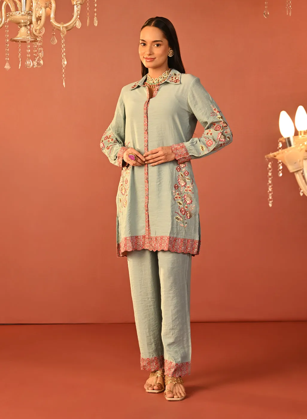 Sabeena Sea Blue Embroidered Cotton Linen Co-ord Set for Women