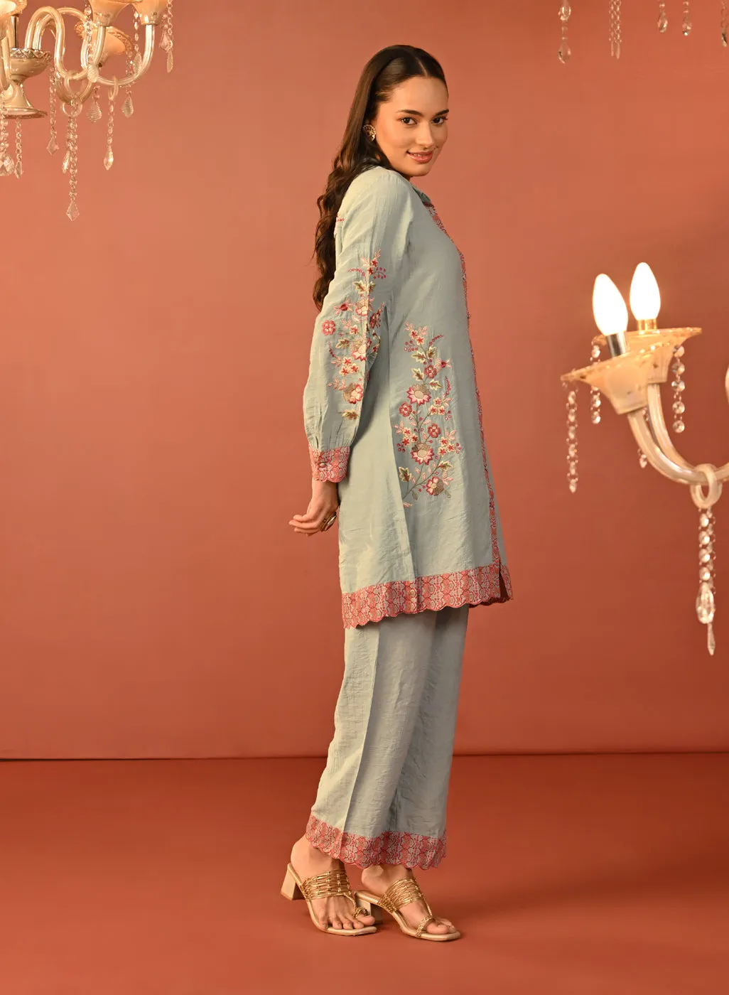 Sabeena Sea Blue Embroidered Cotton Linen Co-ord Set for Women