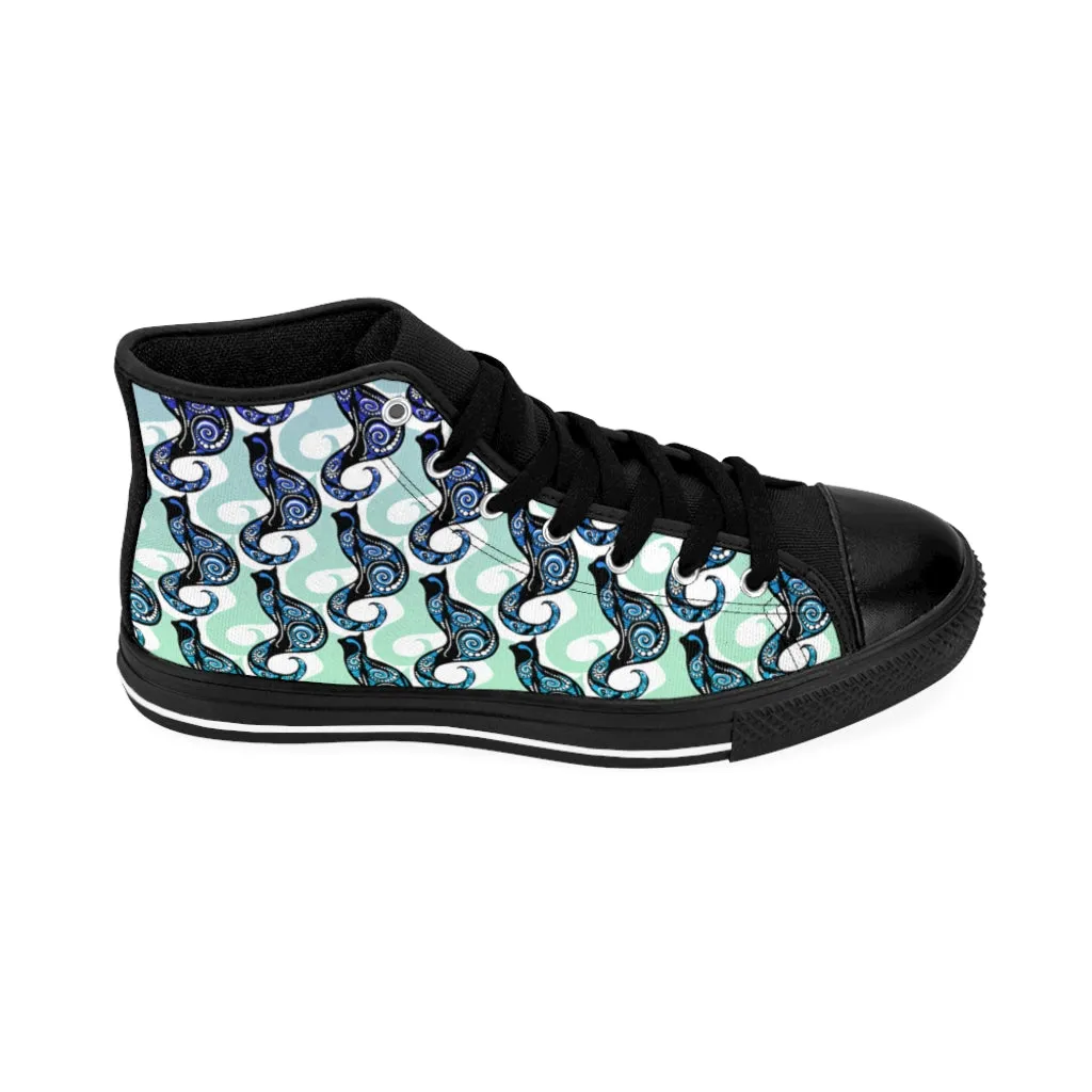 Sky Blue Swirly Cats Women's High-top Sneakers