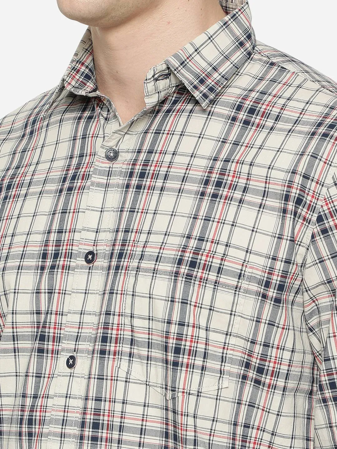 Stone Grey Checked Slim Fit Semi Casual Shirt | JadeBlue