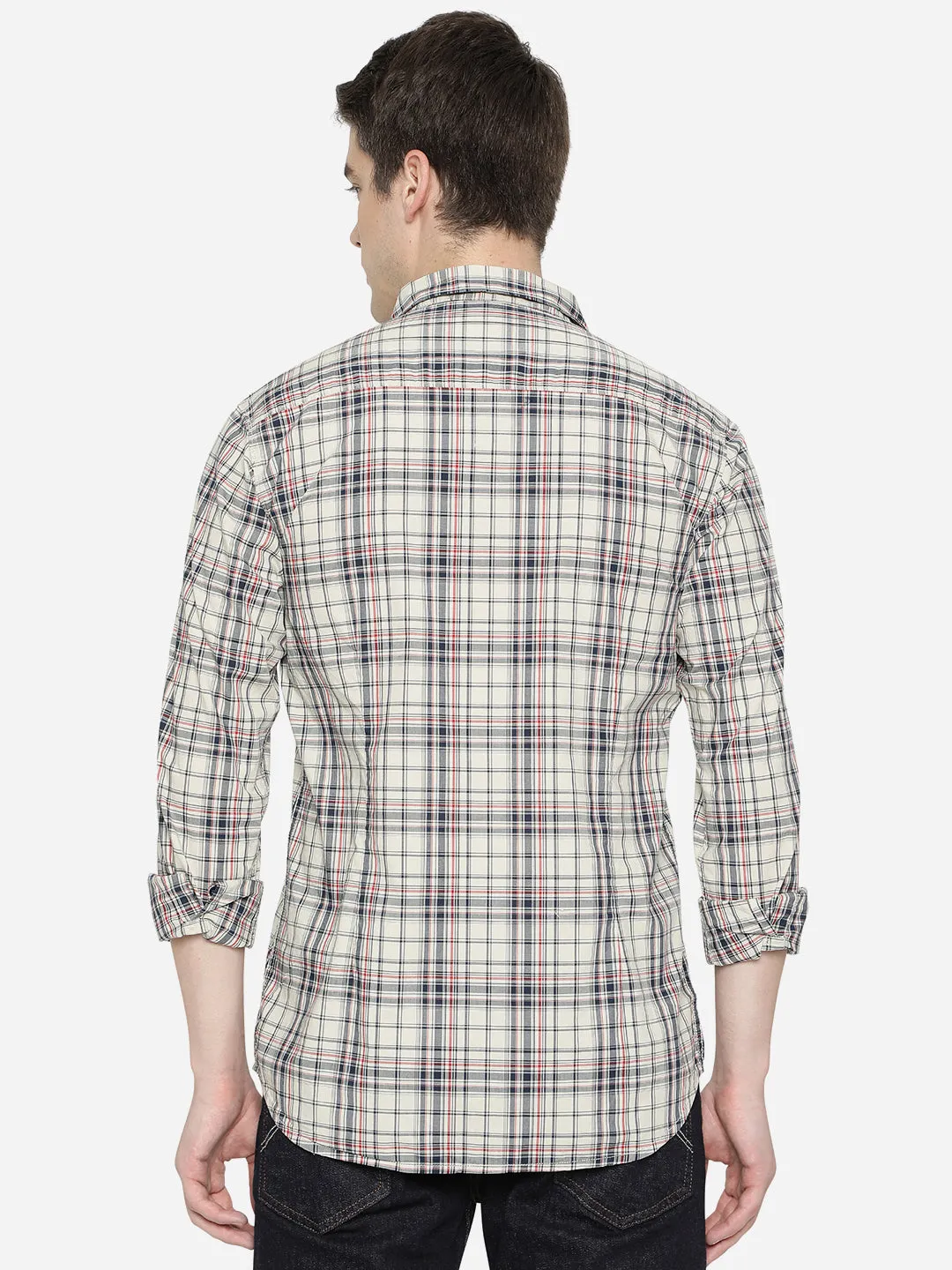 Stone Grey Checked Slim Fit Semi Casual Shirt | JadeBlue