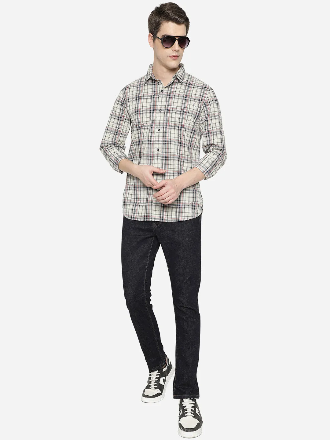 Stone Grey Checked Slim Fit Semi Casual Shirt | JadeBlue