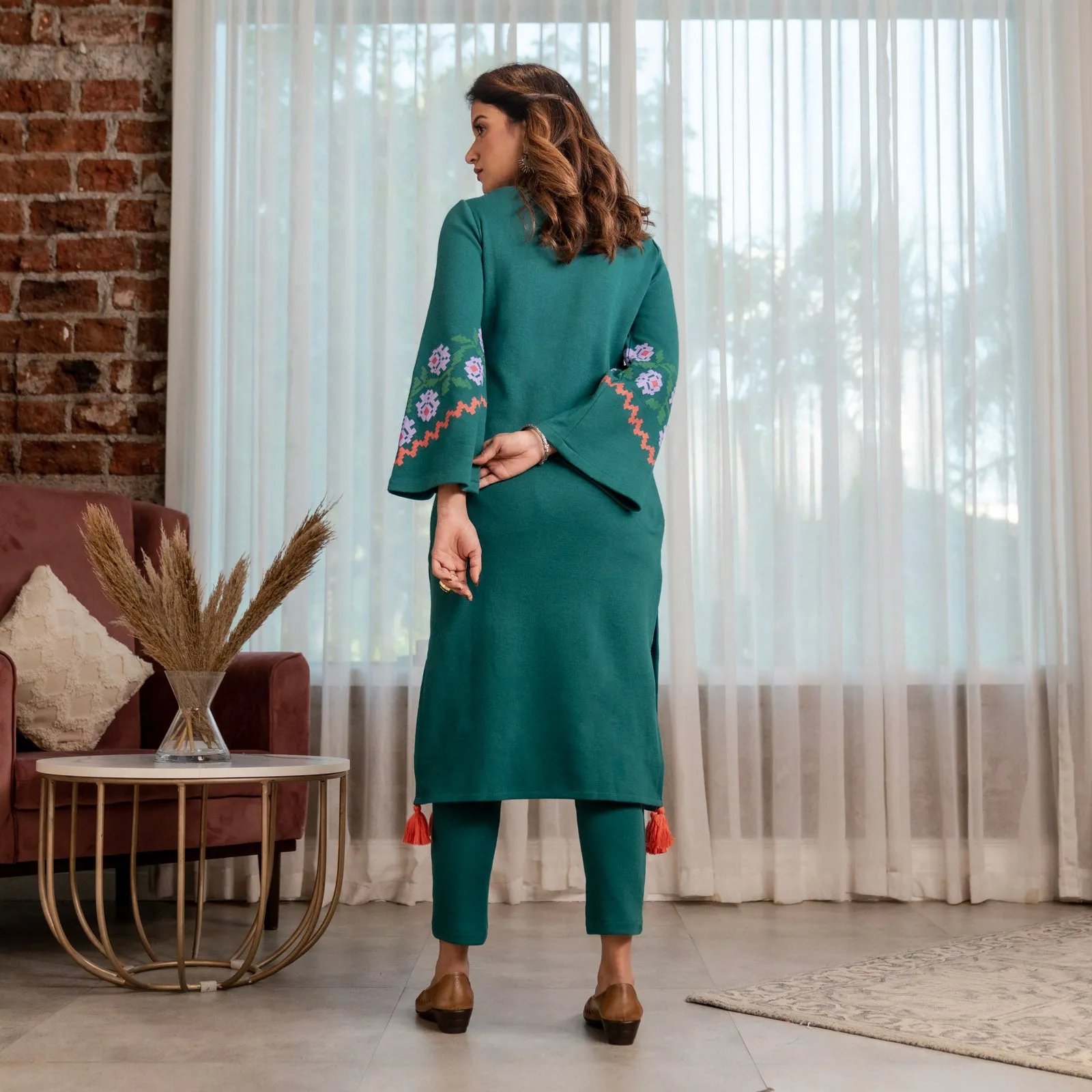 Teal Acrylic Floral Kurta with Flared Sleeves