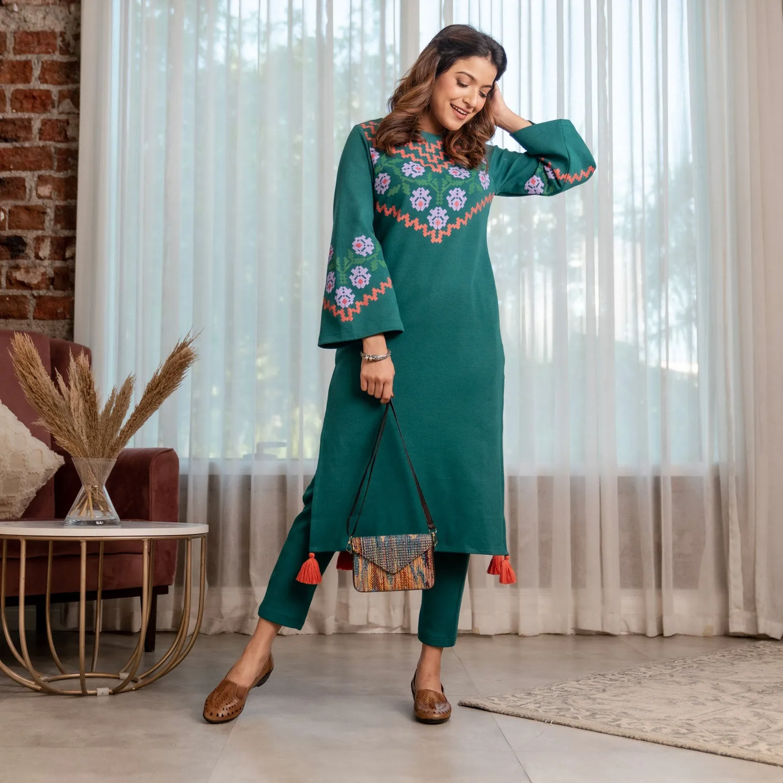 Teal Acrylic Floral Kurta with Flared Sleeves