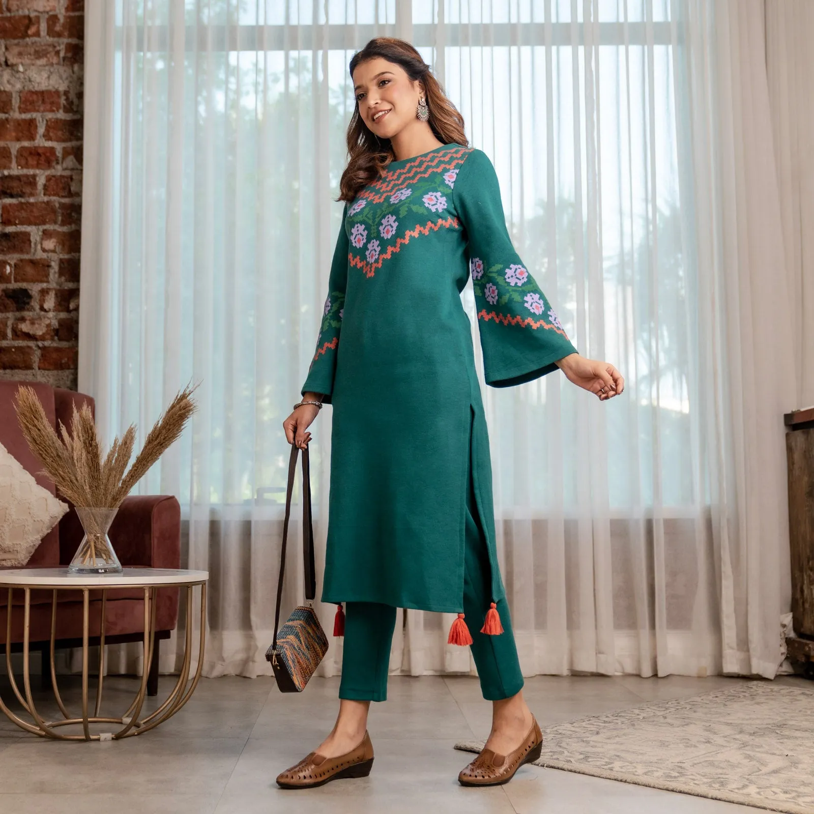 Teal Acrylic Floral Kurta with Flared Sleeves