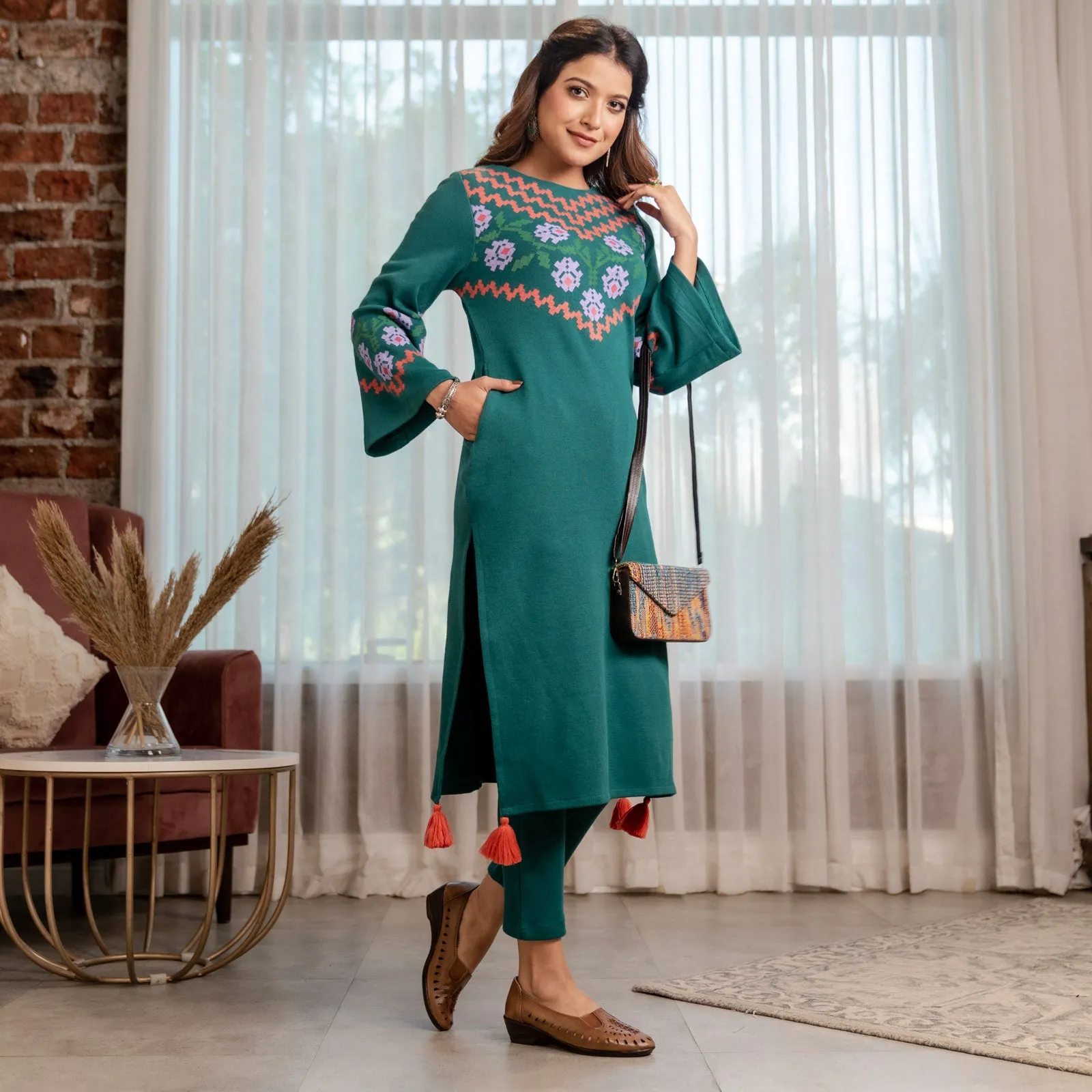 Teal Acrylic Floral Kurta with Flared Sleeves