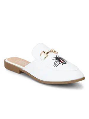 White PU Bee Detailed Open Back Flat Loafers