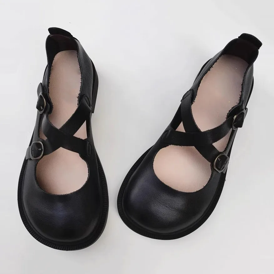 Women Leather Cross Belt Flat Shoes