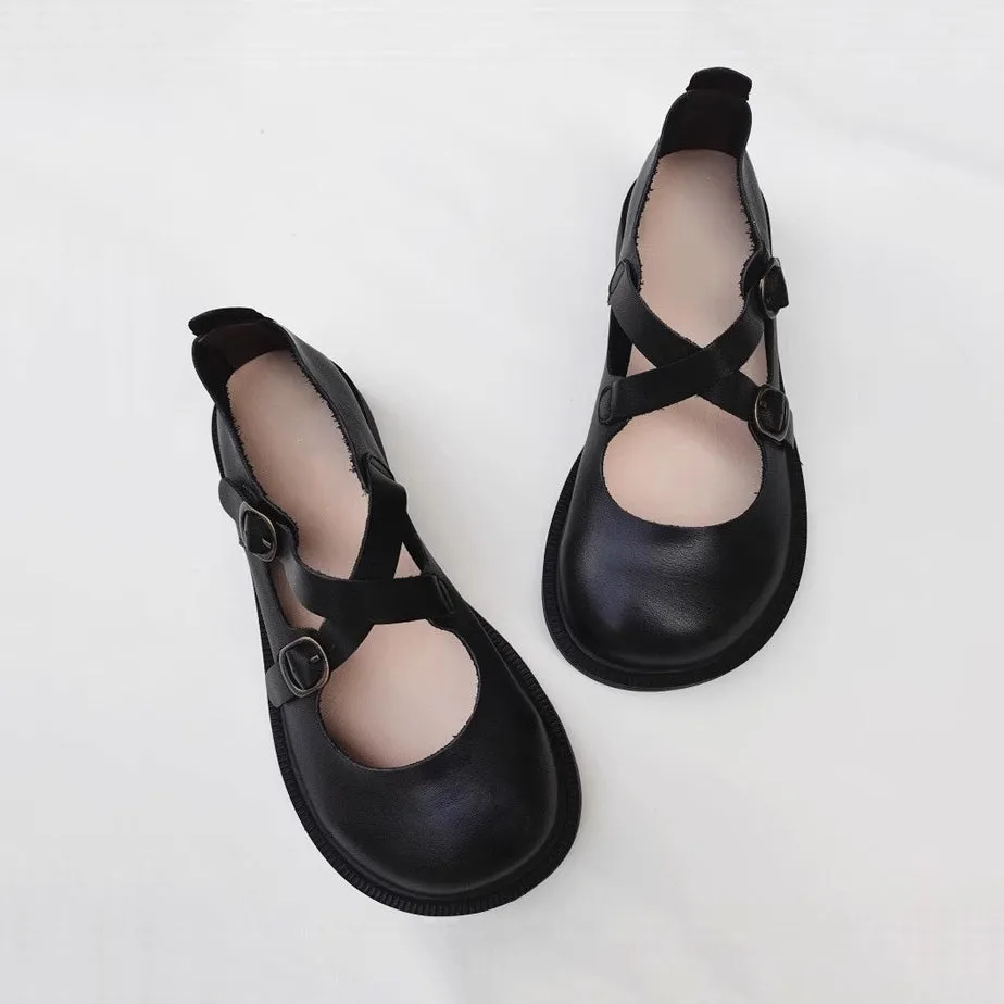 Women Leather Cross Belt Flat Shoes