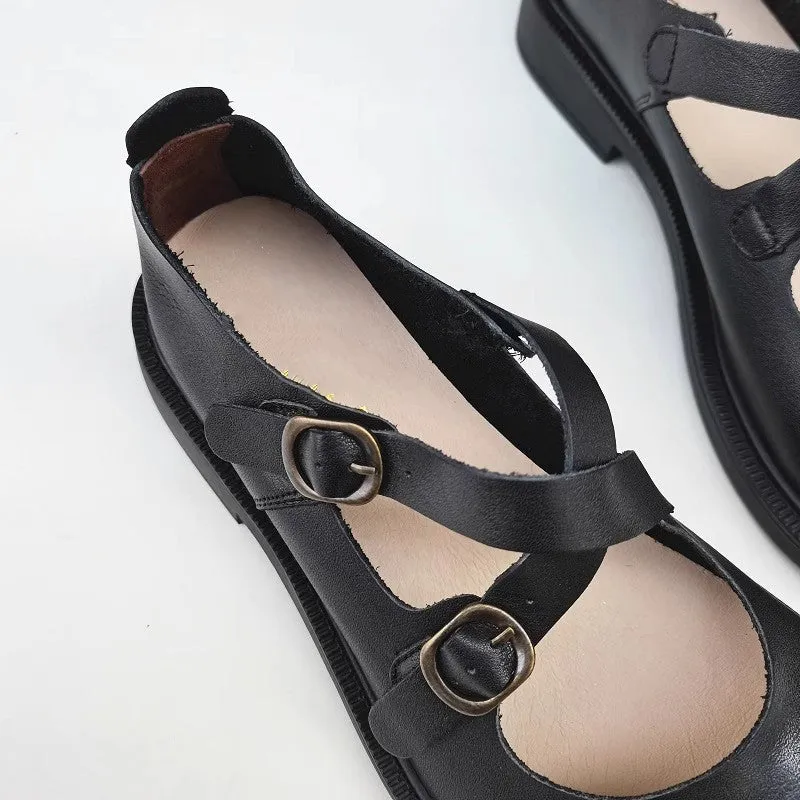 Women Leather Cross Belt Flat Shoes