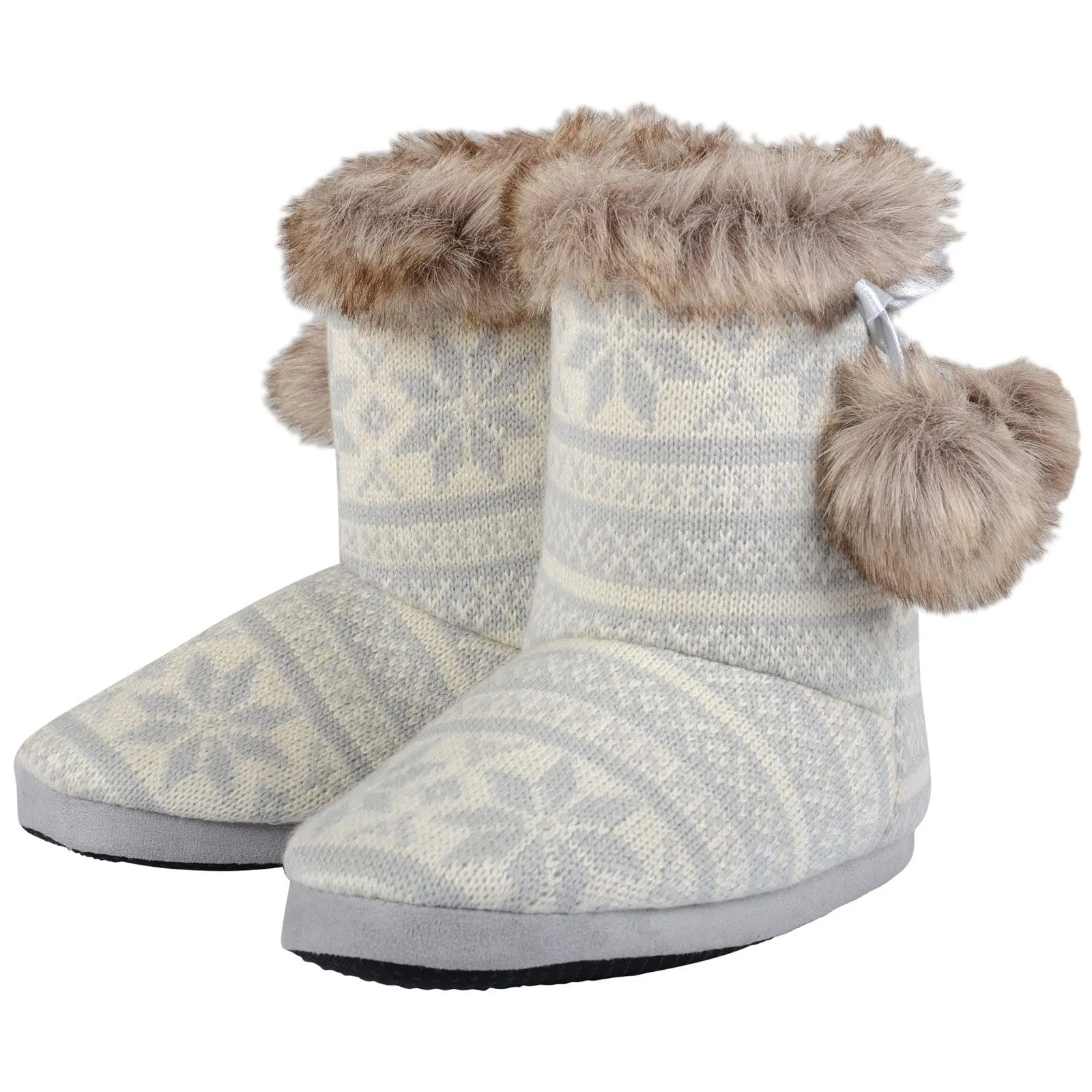 Womens Slipper Boots Fair Isle Nordic Faux Fur Pom Poms