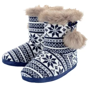 Womens Slipper Boots Fair Isle Nordic Faux Fur Pom Poms