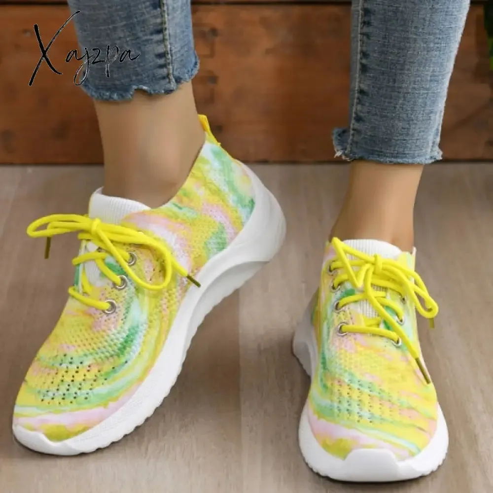 Xajzpa - Yellow Casual Sportswear Daily Patchwork Frenulum Tie-dye Round Mesh Breathable Comfortable Sport Shoes