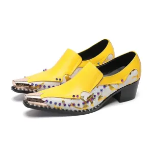 Yellow Color Rivet Genuine Leather Loafers