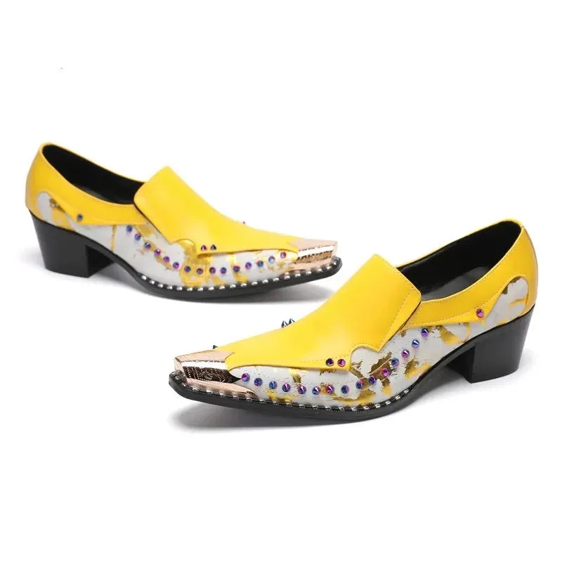 Yellow Color Rivet Genuine Leather Loafers