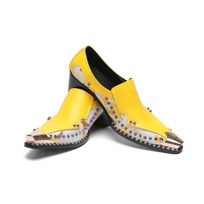 Yellow Color Rivet Genuine Leather Loafers